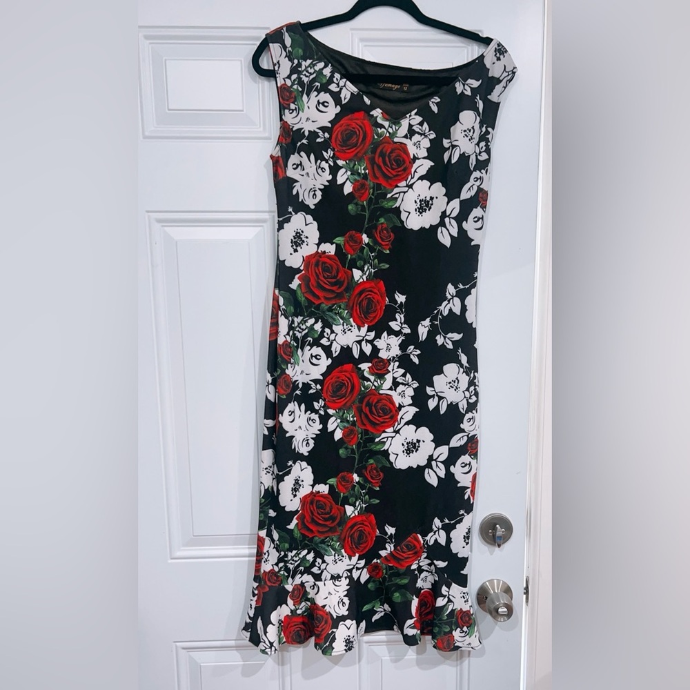 VfEmage Black Dress with Red and White Floral Design